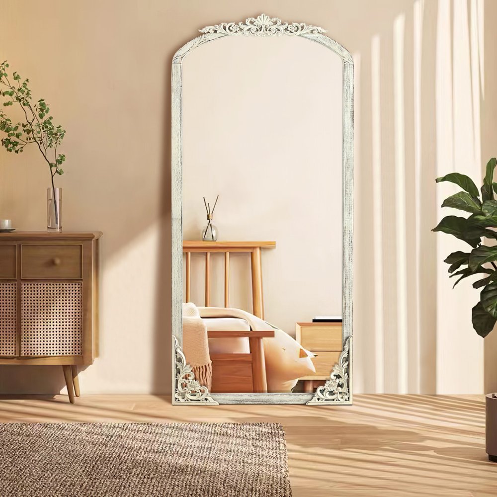White Wood Arch Freestanding Ornate Framed Accent Mirror