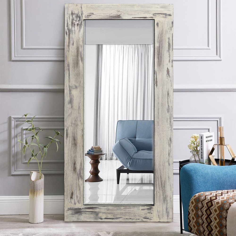 White Wood Freestanding Ornate Framed Accent Mirror