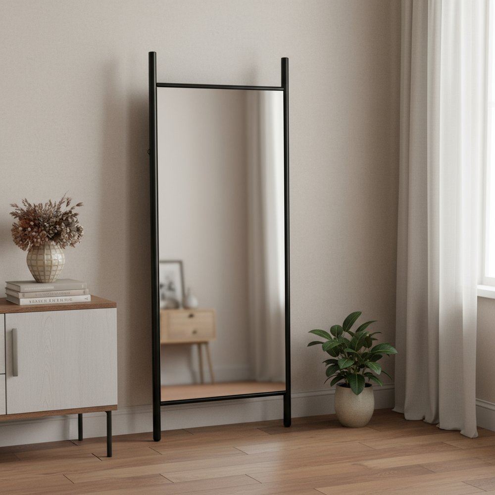 71" Black Wood Leaning Ladder Framed Full Length Mirror