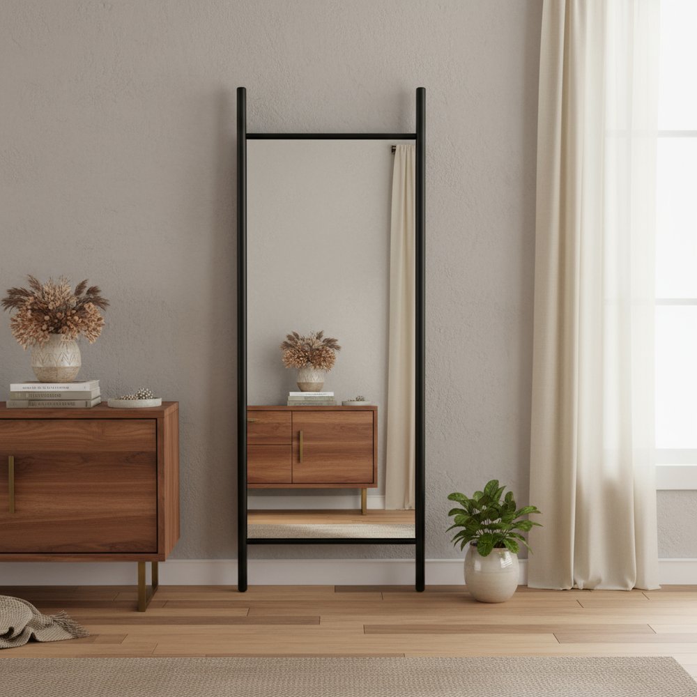 63" Black Wood Leaning Ladder Framed Full Length Mirror
