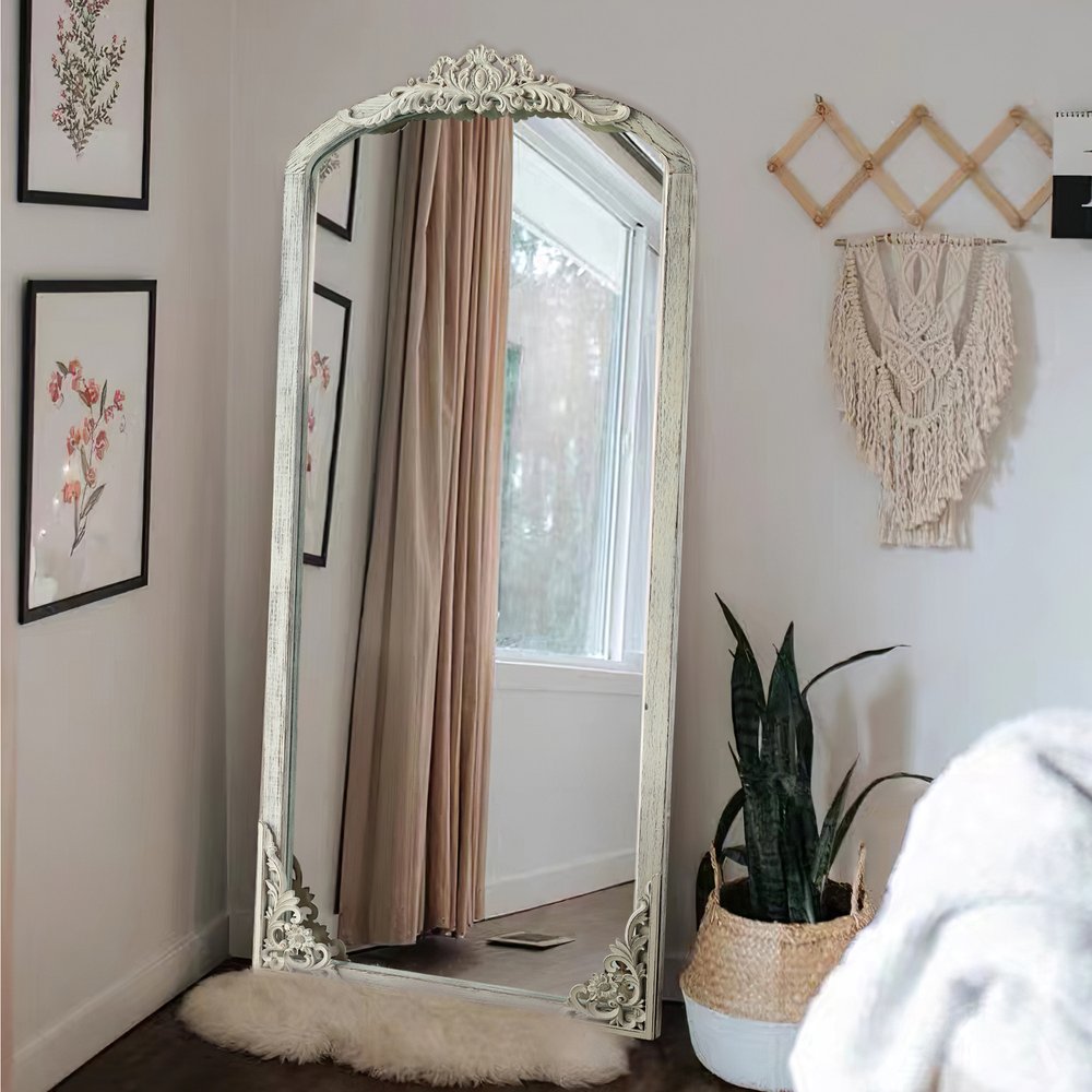 White Wood Arch Freestanding Ornate Framed Accent Mirror