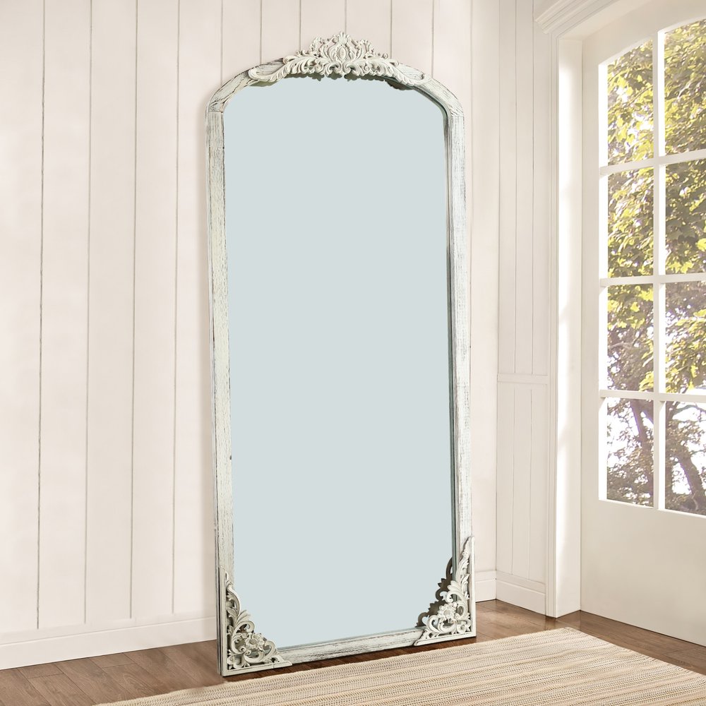 White Wood Arch Freestanding Ornate Framed Accent Mirror