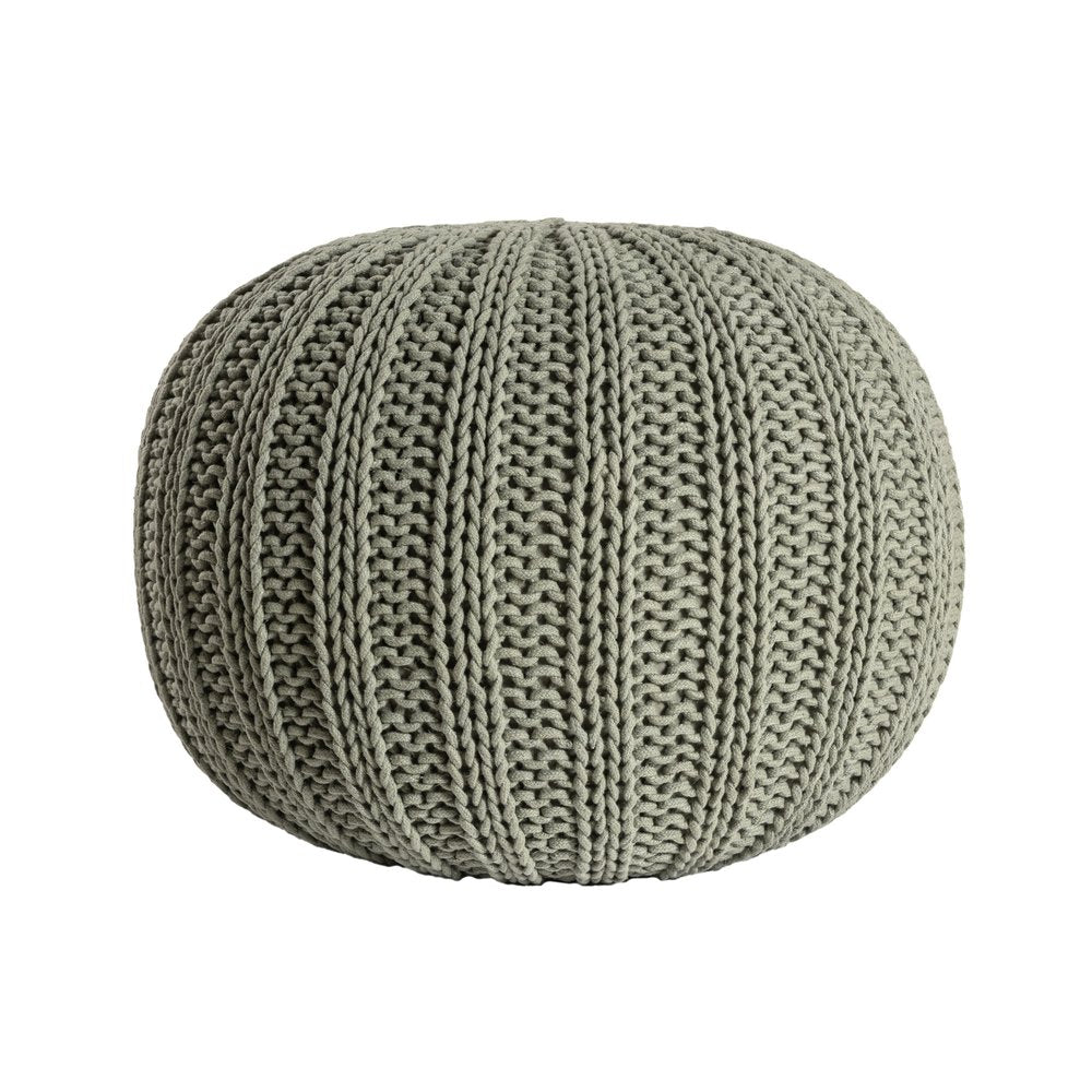 20" Green Cotton Cable Knit Round Pouf Ottoman