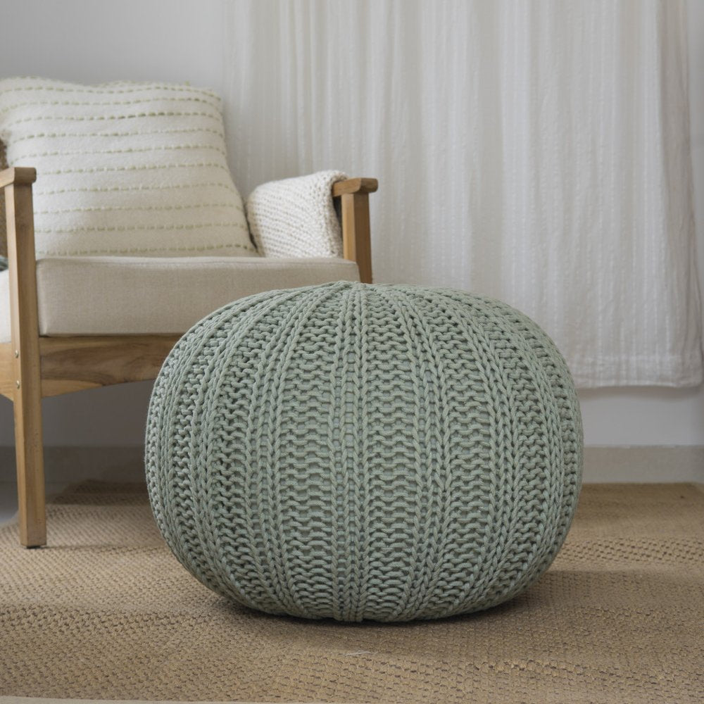 20" Green Cotton Cable Knit Round Pouf Ottoman