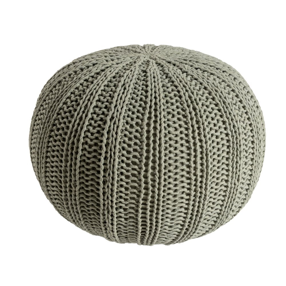 20" Green Cotton Cable Knit Round Pouf Ottoman