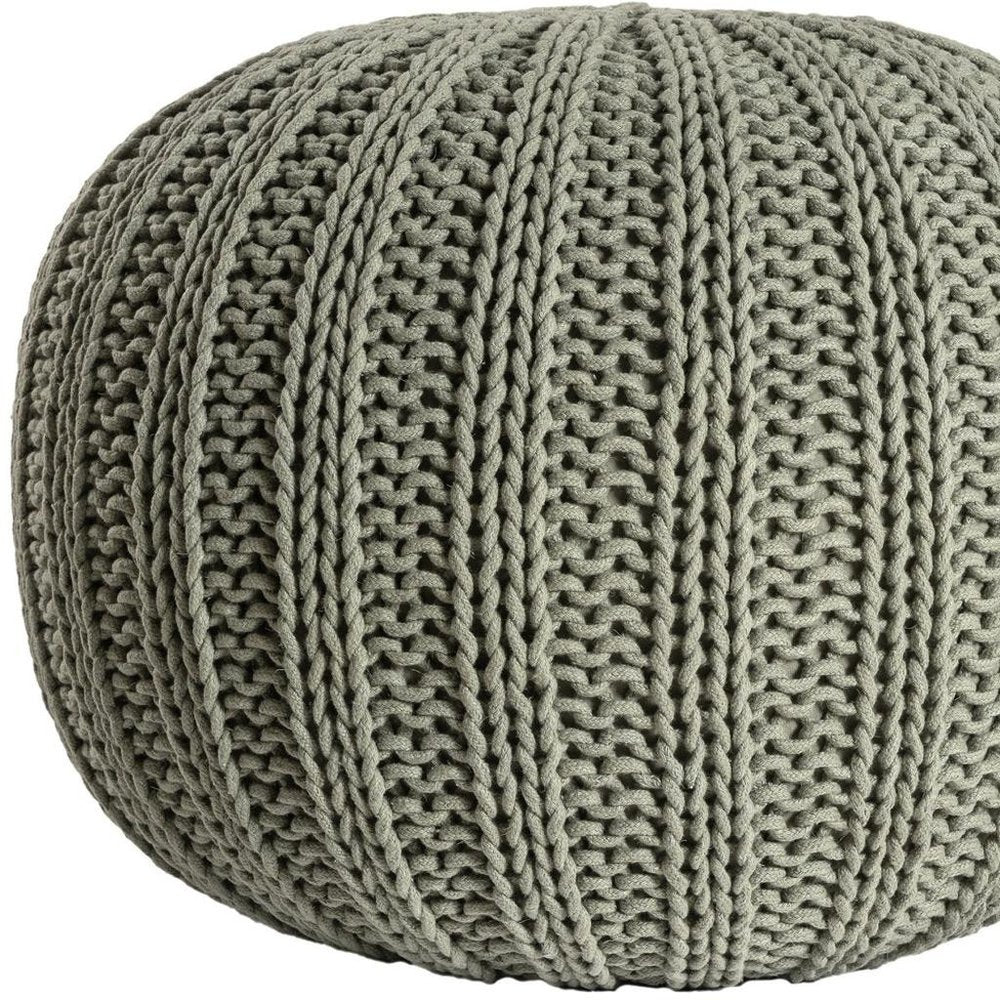 20" Green Cotton Cable Knit Round Pouf Ottoman