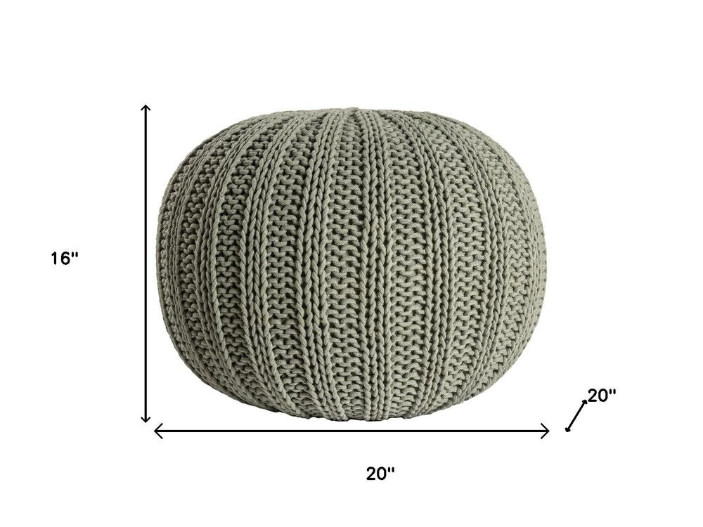 20" Green Cotton Cable Knit Round Pouf Ottoman