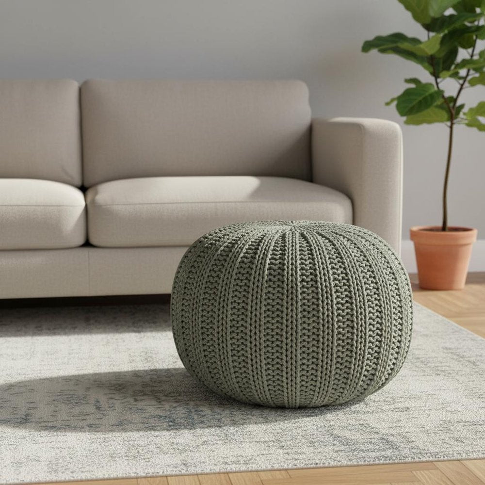 20" Green Cotton Cable Knit Round Pouf Ottoman