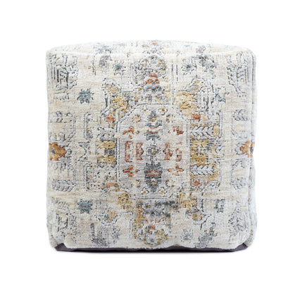 18" Ivory and Light Gray Upholstered Medallion Pouf Ottoman