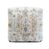 18" Ivory and Light Gray Upholstered Medallion Pouf Ottoman