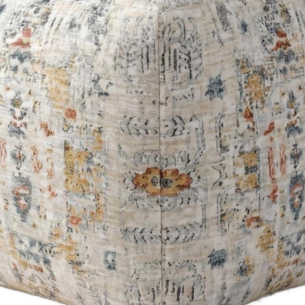 18" Ivory and Light Gray Upholstered Medallion Pouf Ottoman