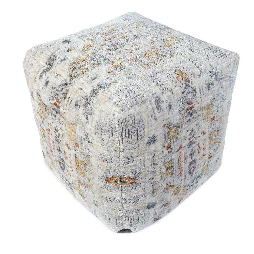 18" Ivory and Light Gray Upholstered Medallion Pouf Ottoman