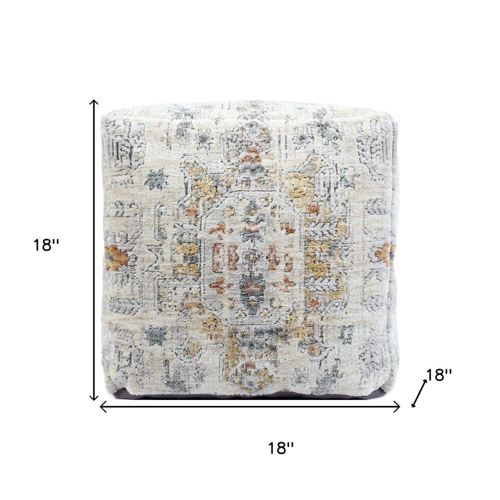 18" Ivory and Light Gray Upholstered Medallion Pouf Ottoman