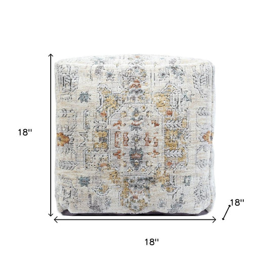 18" Ivory and Light Gray Upholstered Medallion Pouf Ottoman