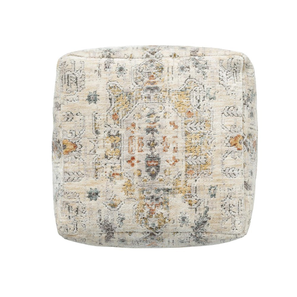 18" Ivory and Light Gray Upholstered Medallion Pouf Ottoman