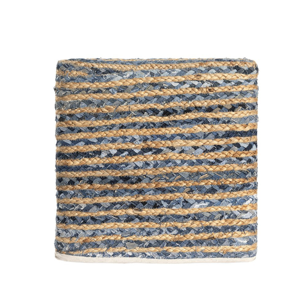18" Beige and Blue Cotton And Jute Striped Pouf Ottoman