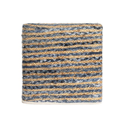 18" Beige and Blue Cotton And Jute Striped Pouf Ottoman