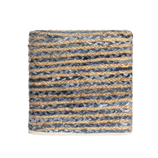 18" Beige and Blue Cotton And Jute Striped Pouf Ottoman