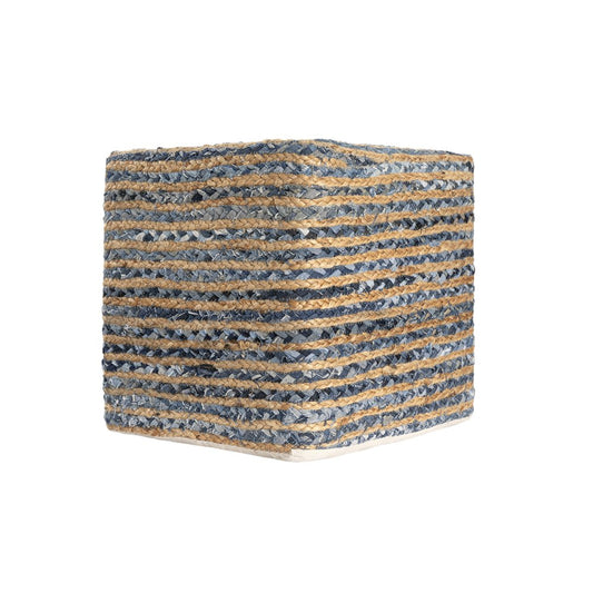 18" Beige and Blue Cotton And Jute Striped Pouf Ottoman