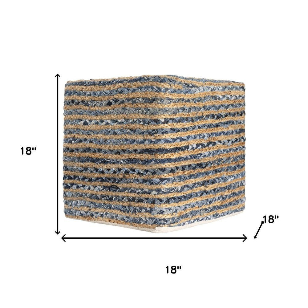18" Beige and Blue Cotton And Jute Striped Pouf Ottoman