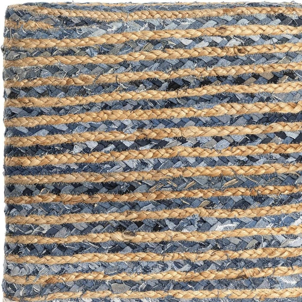 18" Beige and Blue Cotton And Jute Striped Pouf Ottoman