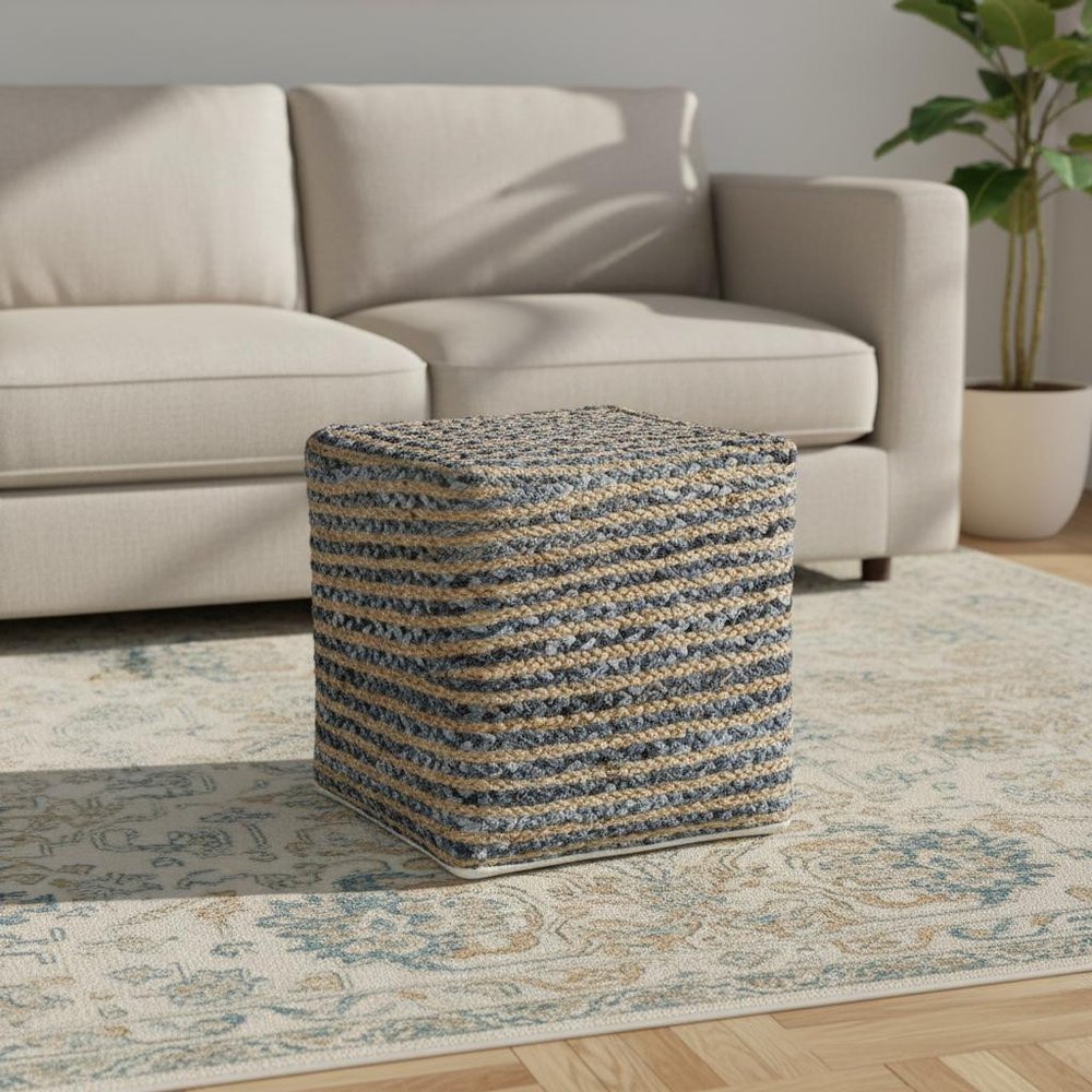 18" Beige and Blue Cotton And Jute Striped Pouf Ottoman