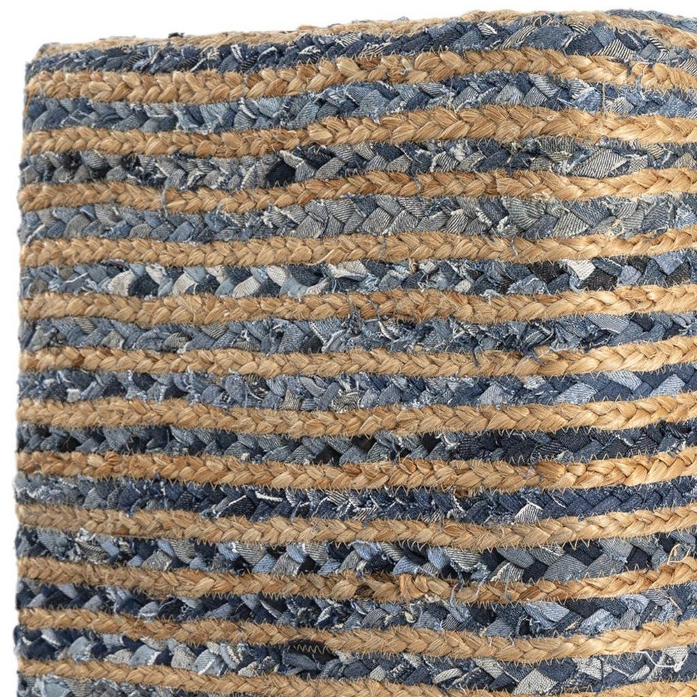 18" Beige and Blue Cotton And Jute Striped Pouf Ottoman