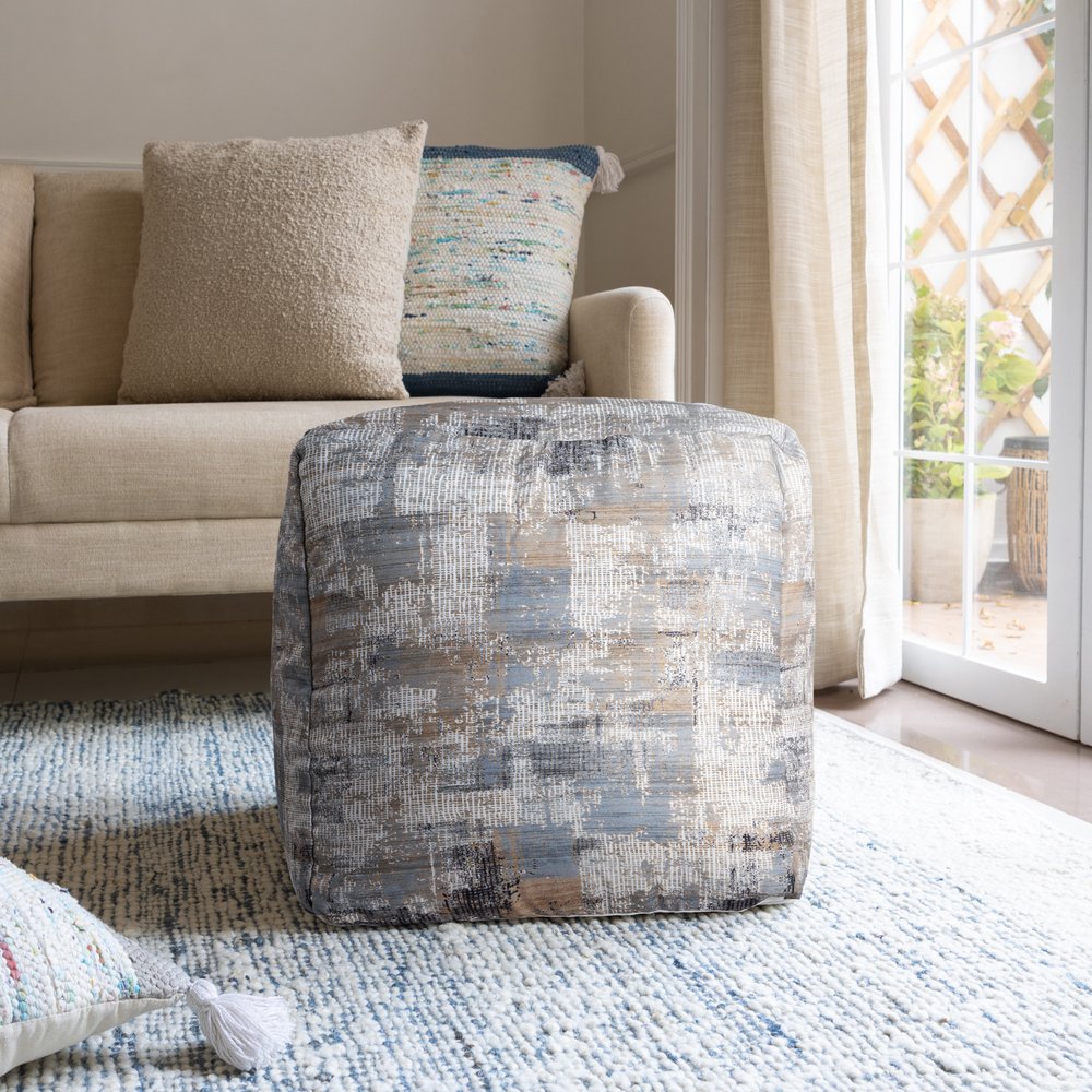 18" Blue Cotton Abstract Pouf Ottoman