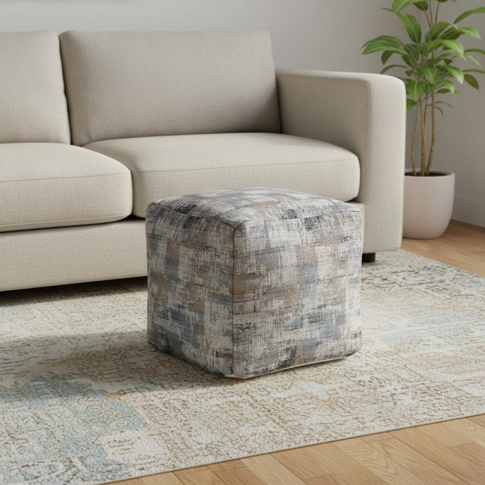 18" Blue Cotton Abstract Pouf Ottoman