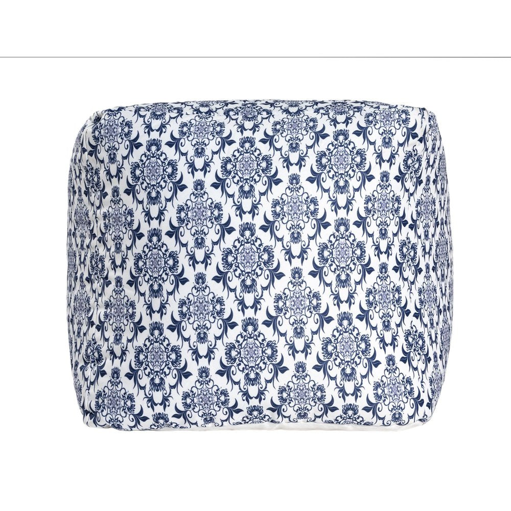 18" Blue and White Cotton Floral Pouf Ottoman