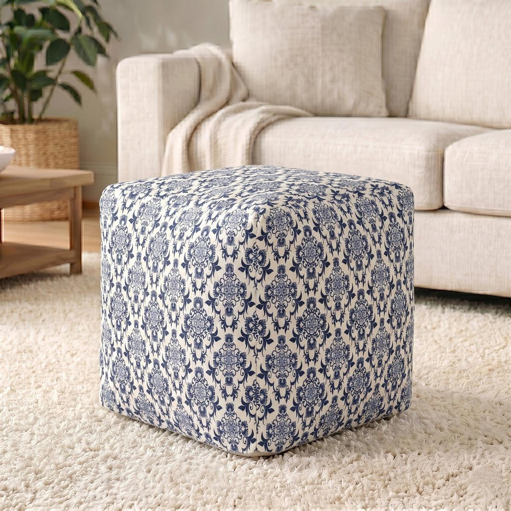 18" Blue and White Cotton Floral Pouf Ottoman