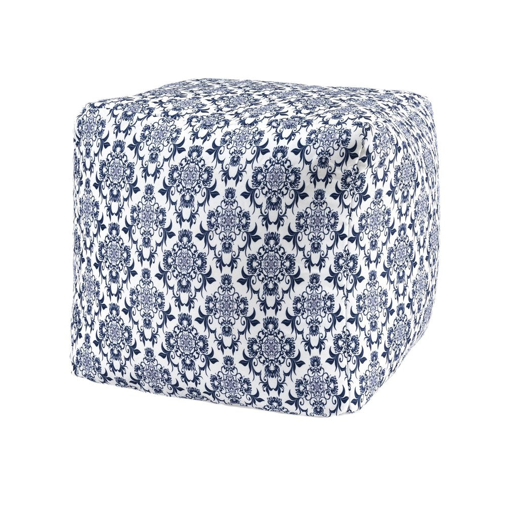 18" Blue and White Cotton Floral Pouf Ottoman