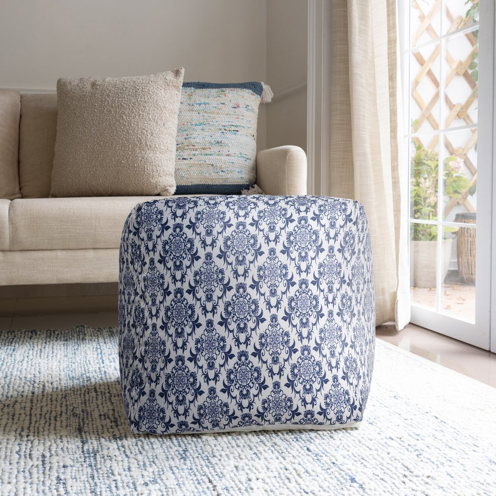 18" Blue and White Upholstered Floral Pouf Ottoman