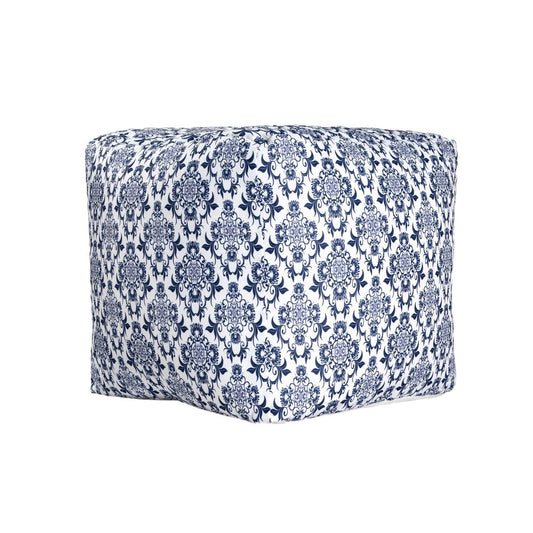 18" Blue and White Upholstered Floral Pouf Ottoman