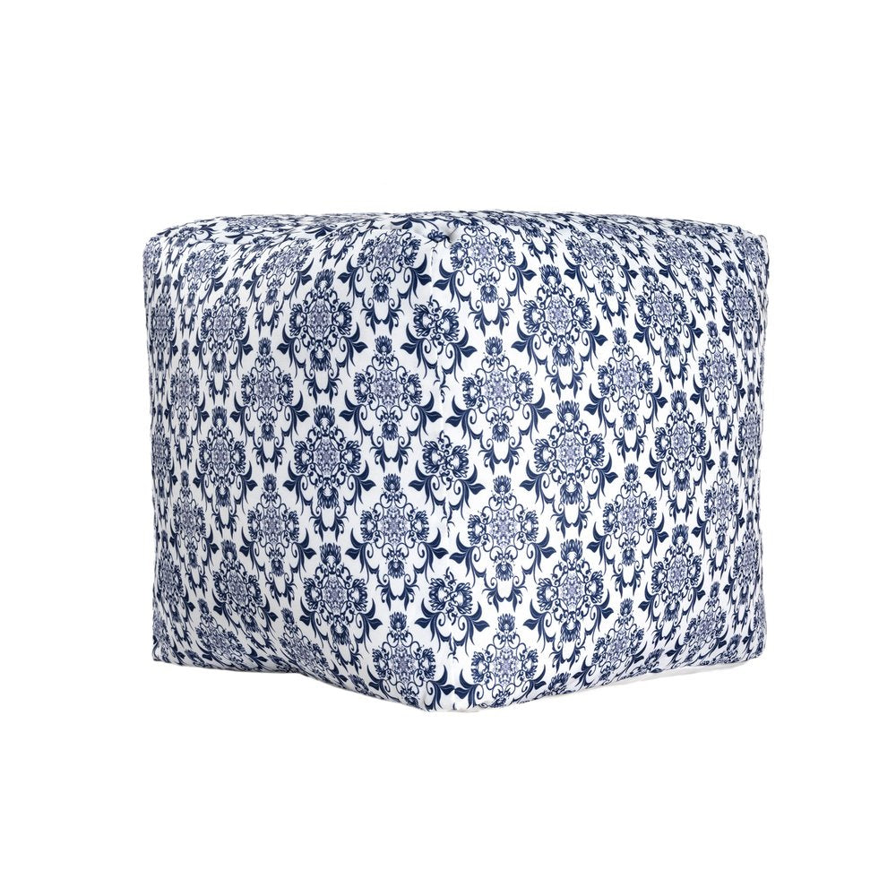 18" Blue and White Upholstered Floral Pouf Ottoman