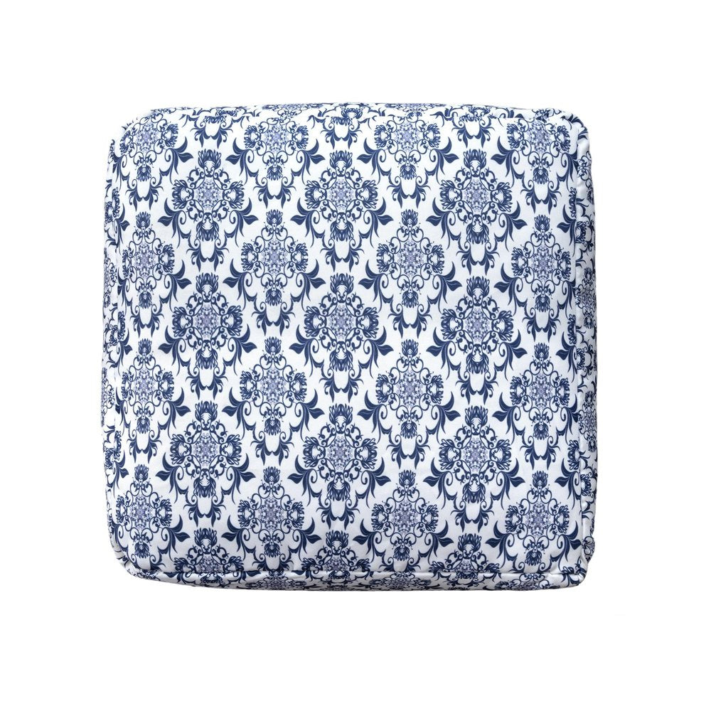 18" Blue and White Cotton Floral Pouf Ottoman