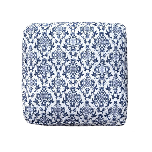 18" Blue and White Cotton Floral Pouf Ottoman