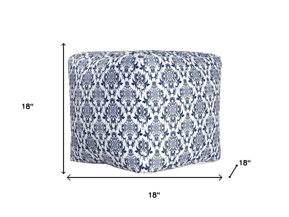18" Blue and White Upholstered Floral Pouf Ottoman