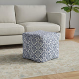 18" Blue and White Cotton Floral Pouf Ottoman