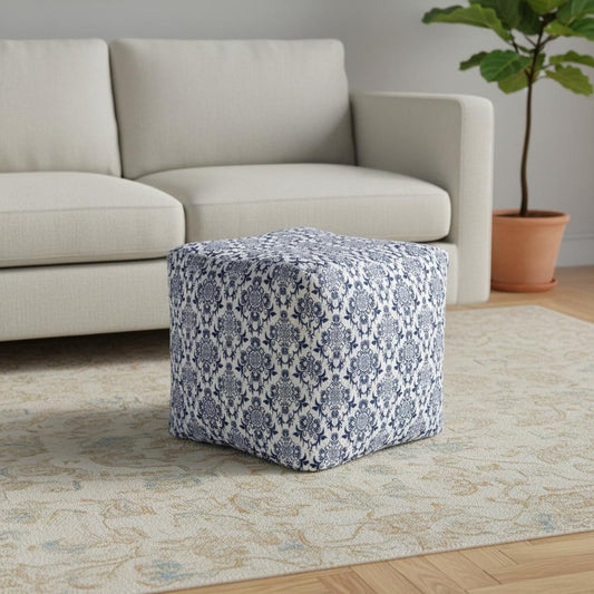 18" Blue and White Cotton Floral Pouf Ottoman
