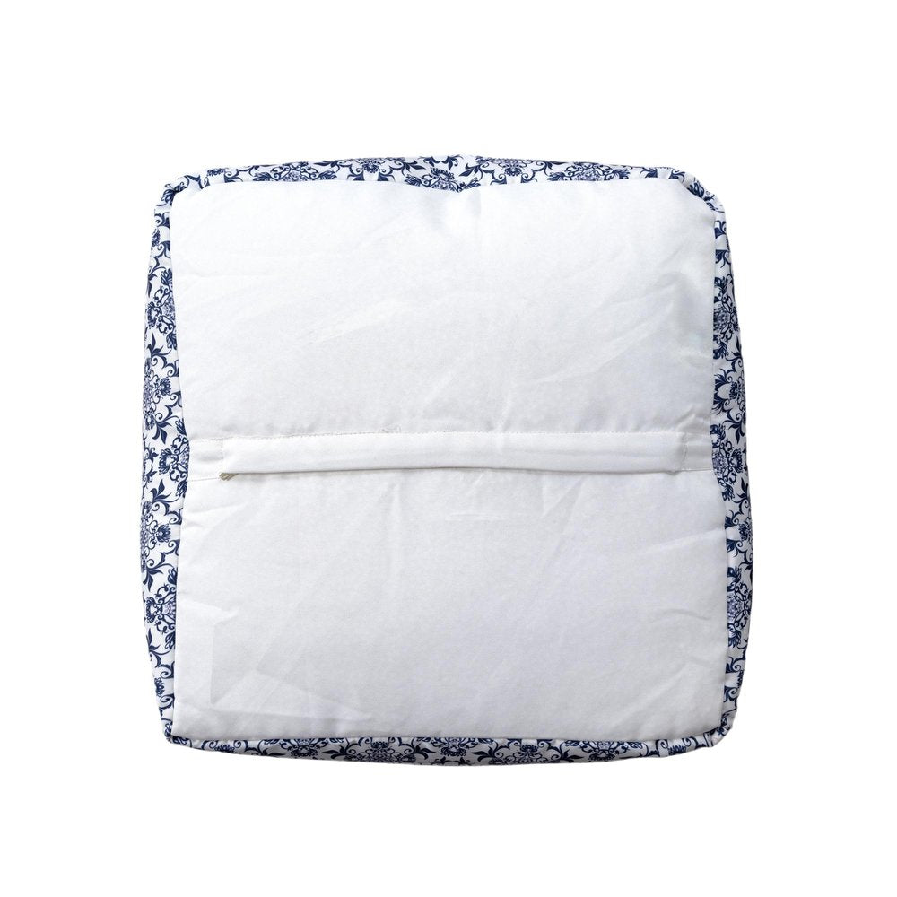 18" Blue and White Cotton Floral Pouf Ottoman