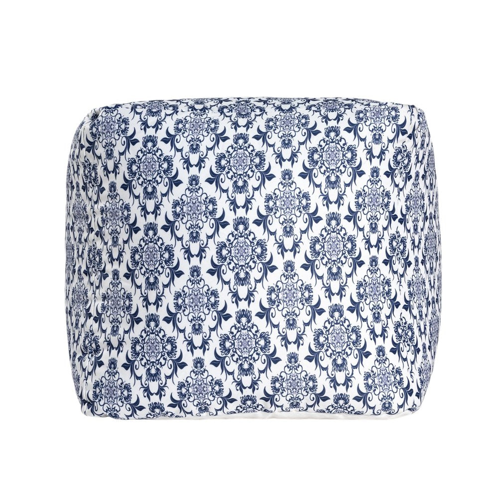 18" Blue and White Upholstered Floral Pouf Ottoman