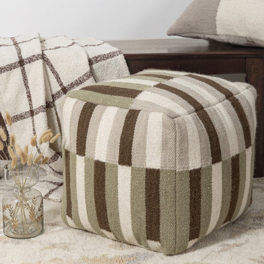 18" Brown Ivory And Khaki Brown Woven Geometric Pouf Ottoman