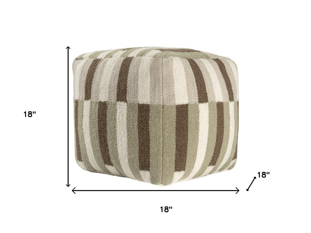 18" Brown Ivory And Khaki Brown Woven Geometric Pouf Ottoman
