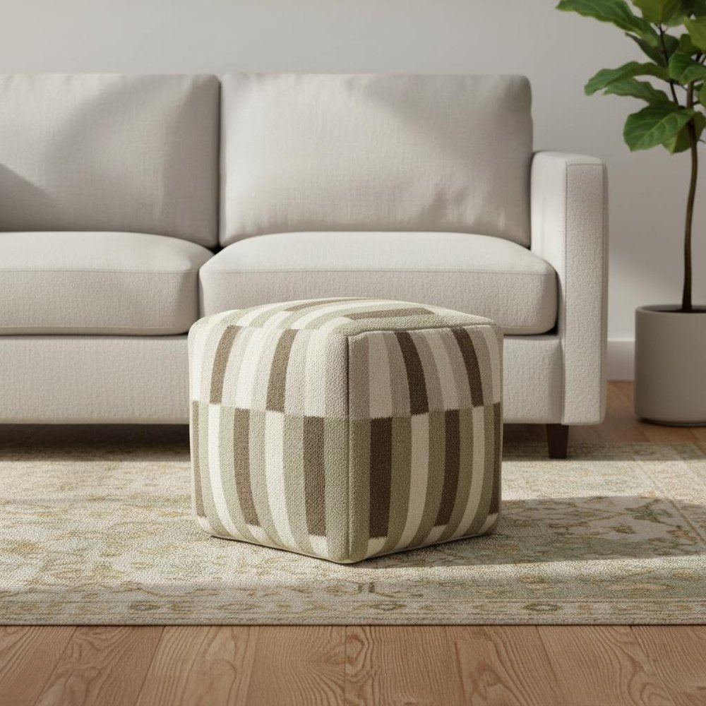 18" Brown Ivory And Khaki Brown Woven Geometric Pouf Ottoman