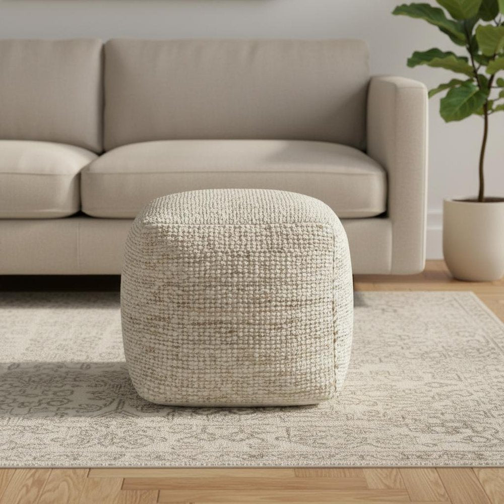 18" Ivory Cotton Wool And Jute Striped Pouf Ottoman