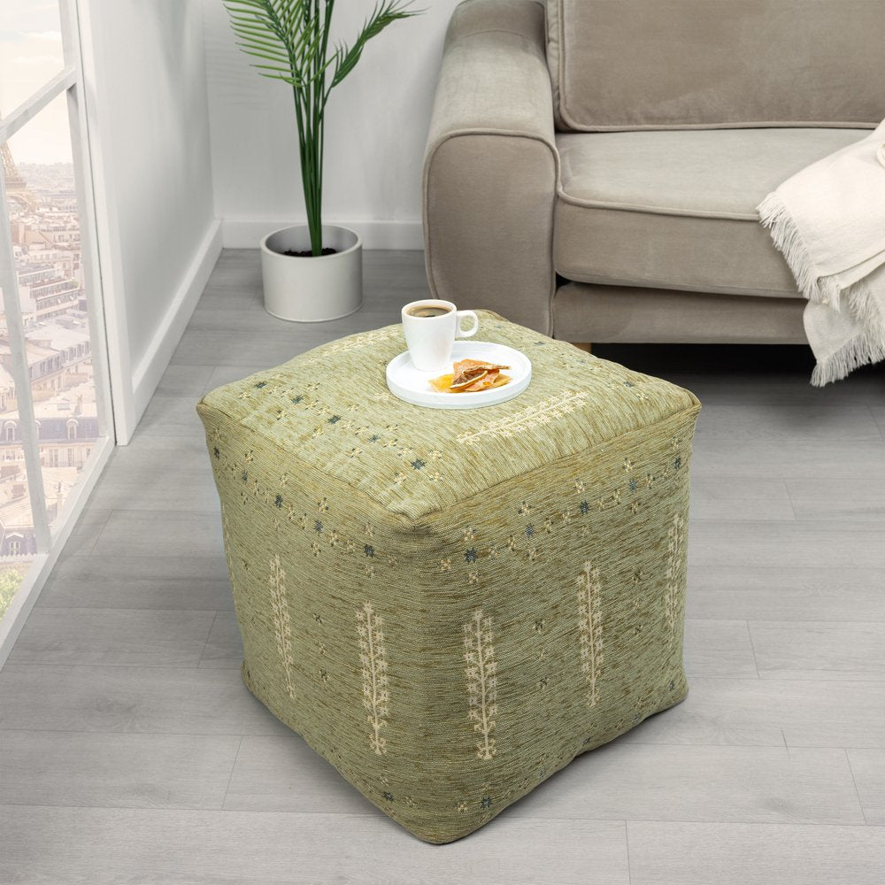 18" Green Acrylic Cotton And Upholstered Tribal Pouf Ottoman