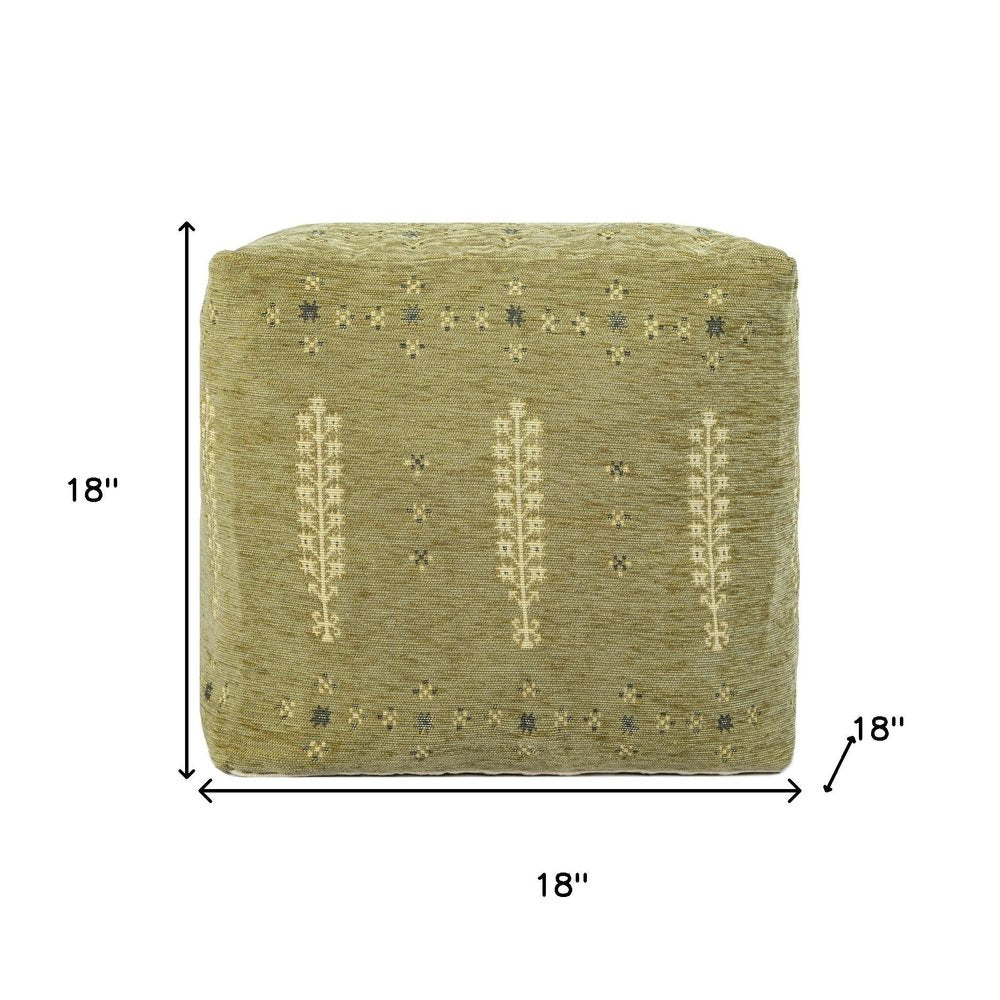18" Green Acrylic Cotton And Upholstered Tribal Pouf Ottoman
