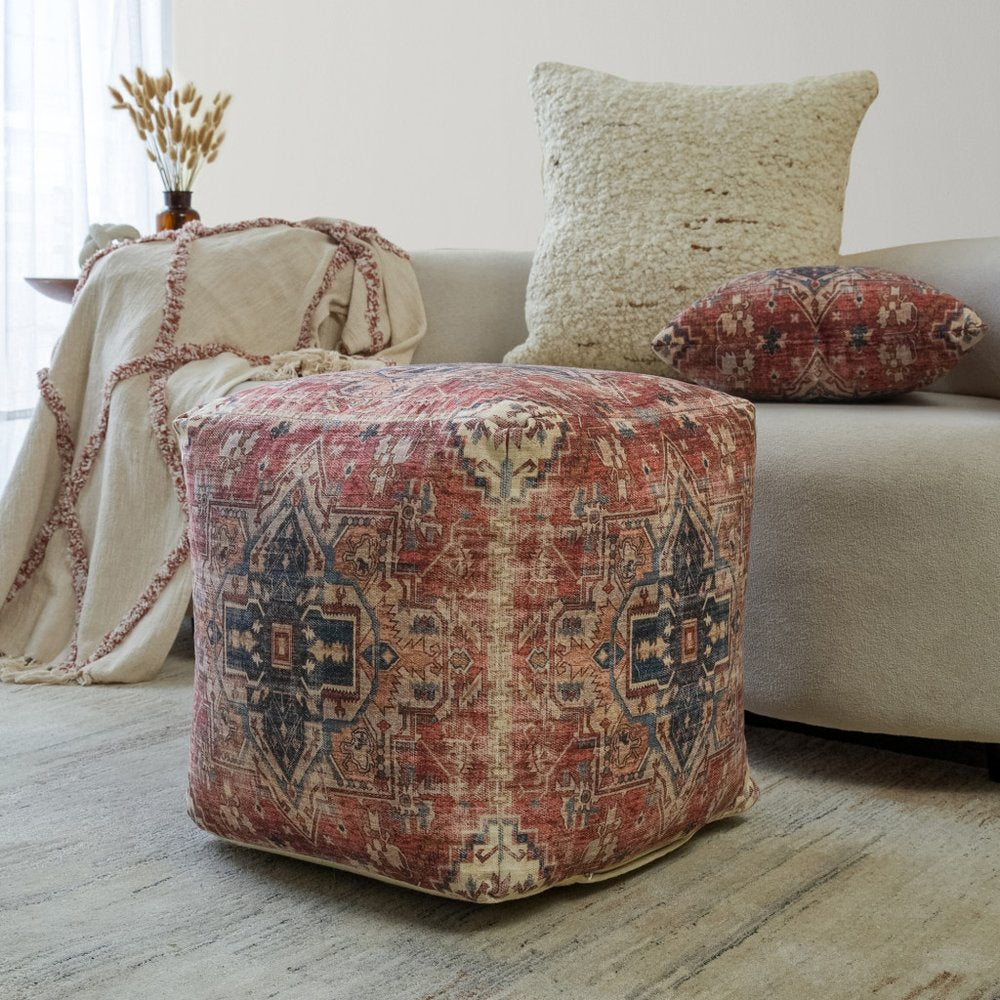 18" Navy Blue and Terra Cotta Upholstered Medallion Pouf Ottoman