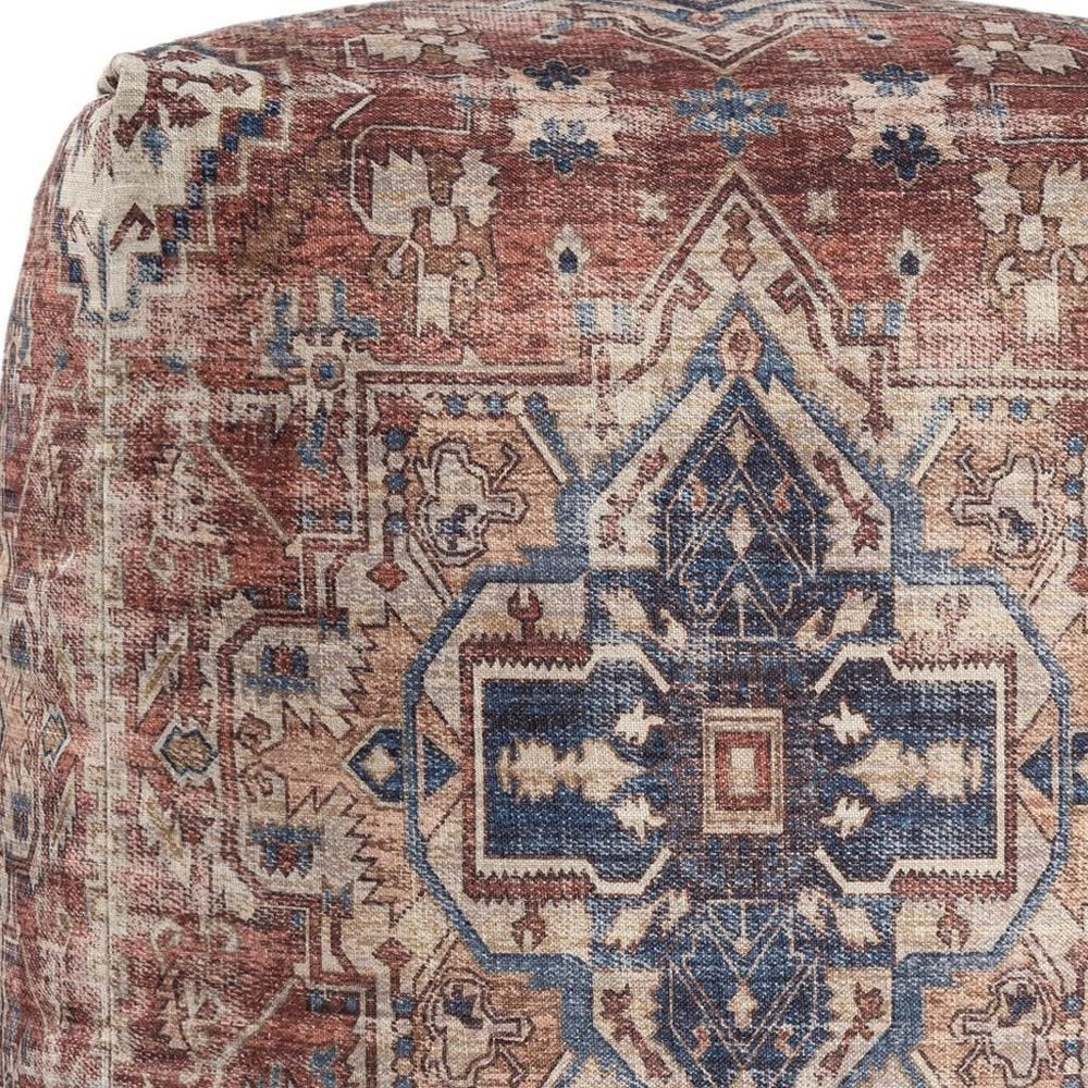 18" Navy Blue and Terra Cotta Upholstered Medallion Pouf Ottoman